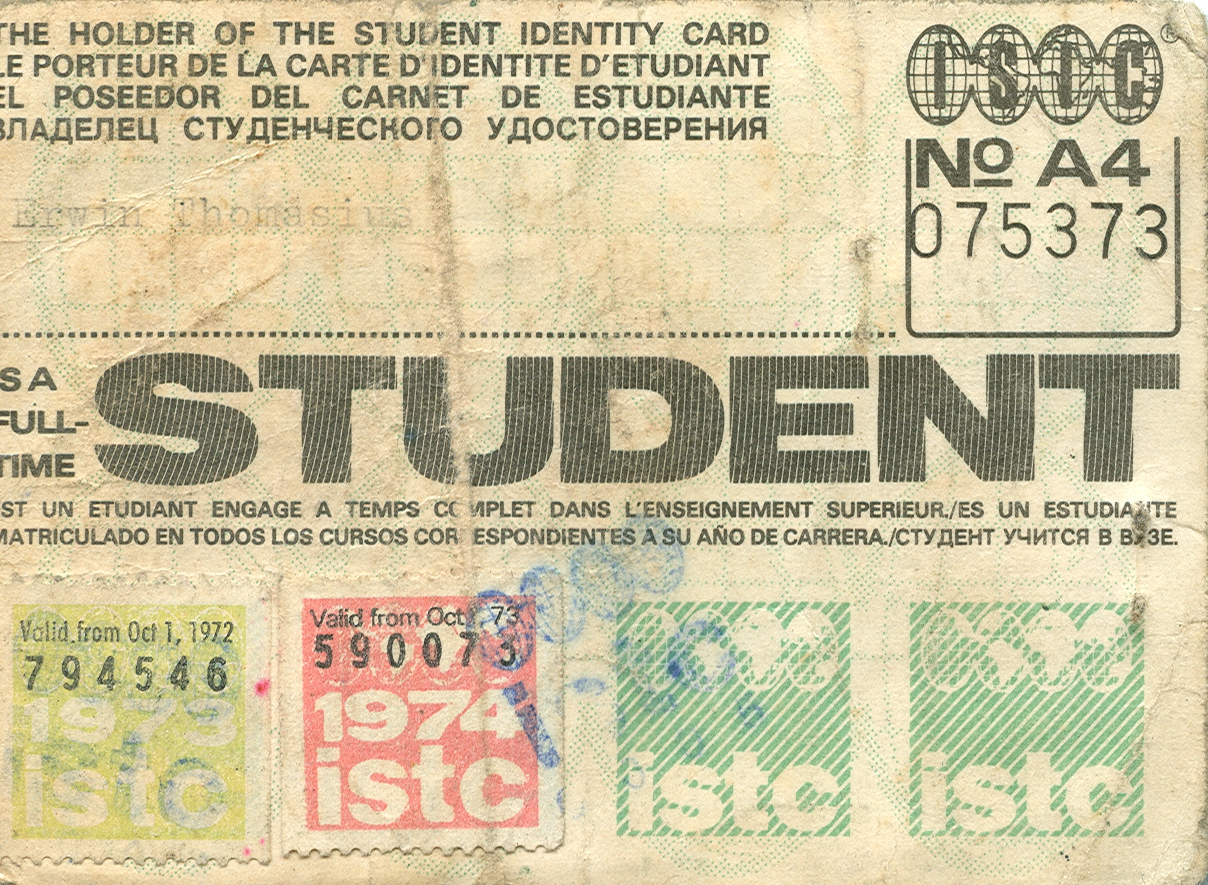 Internationaler Studendtenausweis ISIC der Organisation ISTC aus dem Jahr 1973.