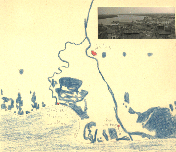 Karte aus dem Jahr 1966 von der Camargue im Jahr 1966. Mit Photo von der Stadt Arles und dem Fluß die Rhone.