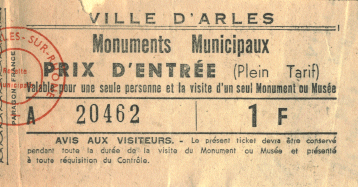 Eintrittskarte für das große runde Amphitheater (die Arènes) in Arles aus dem Jahr 1966. 1:1 eingescannt