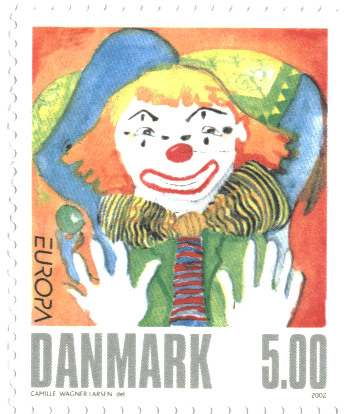 Im Jahr 2002 bei der Post in Dänemark gekaufte Briefmarke mit einem Clown als Motiv. 1:1 eingescannt.