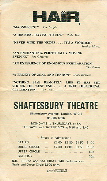 Scan von der Rückseite eines Handzettels, den ich 1968 in London geschenkt beakam: Das Shaftesbury Theatre wirbt für den Besuch des Musikals "Hair".