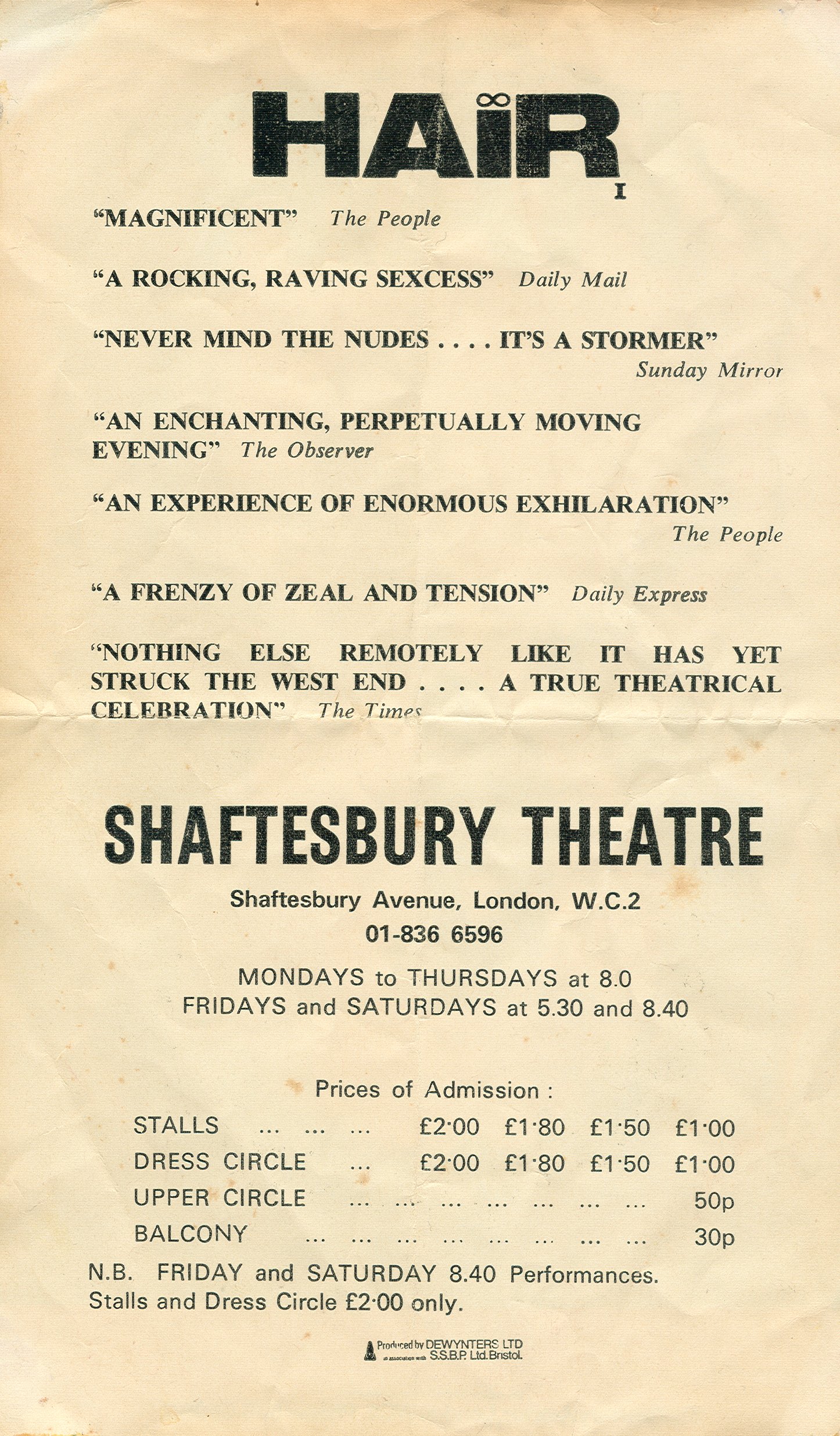 Scan von der Rückseite eines Handzettels, den ich 1968 in London geschenkt beakam: Das Shaftesbury Theatre wirbt für den Besuch des Musikals "Hair".