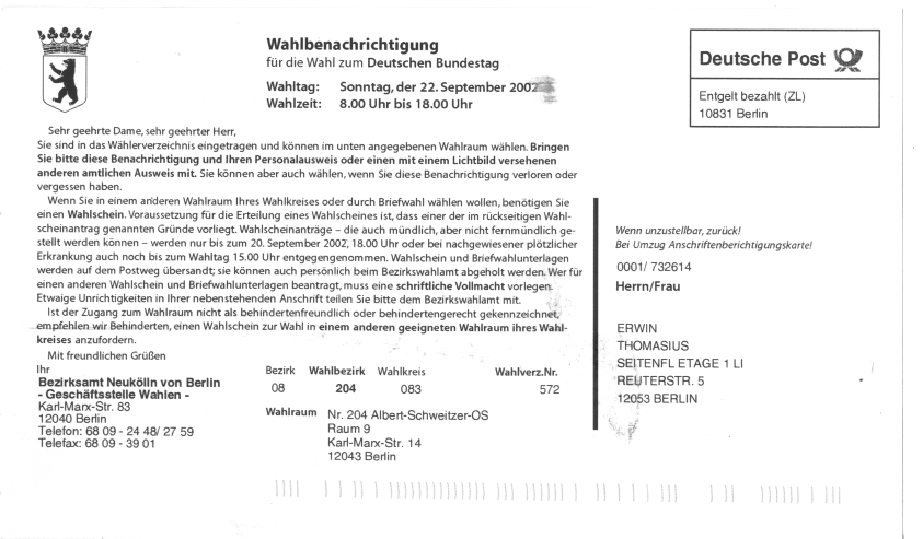 Wahlbenachrichtigung für die Wahl zum Deutschen Bundestag am 22.September 2002. 1:1 eingescannt.