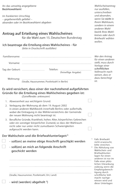 Rückseite der Wahlbenachrichtigung für die Wahl zum Deutschen Bundestag am 22.September 2002. Unvollständig 1:1 eingescannt.